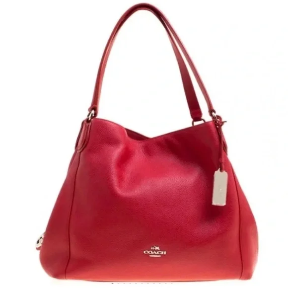 COACH Edie Refined Pebble Leather Lux Jasper Red Shoulder Bag - Picture 1 of 16